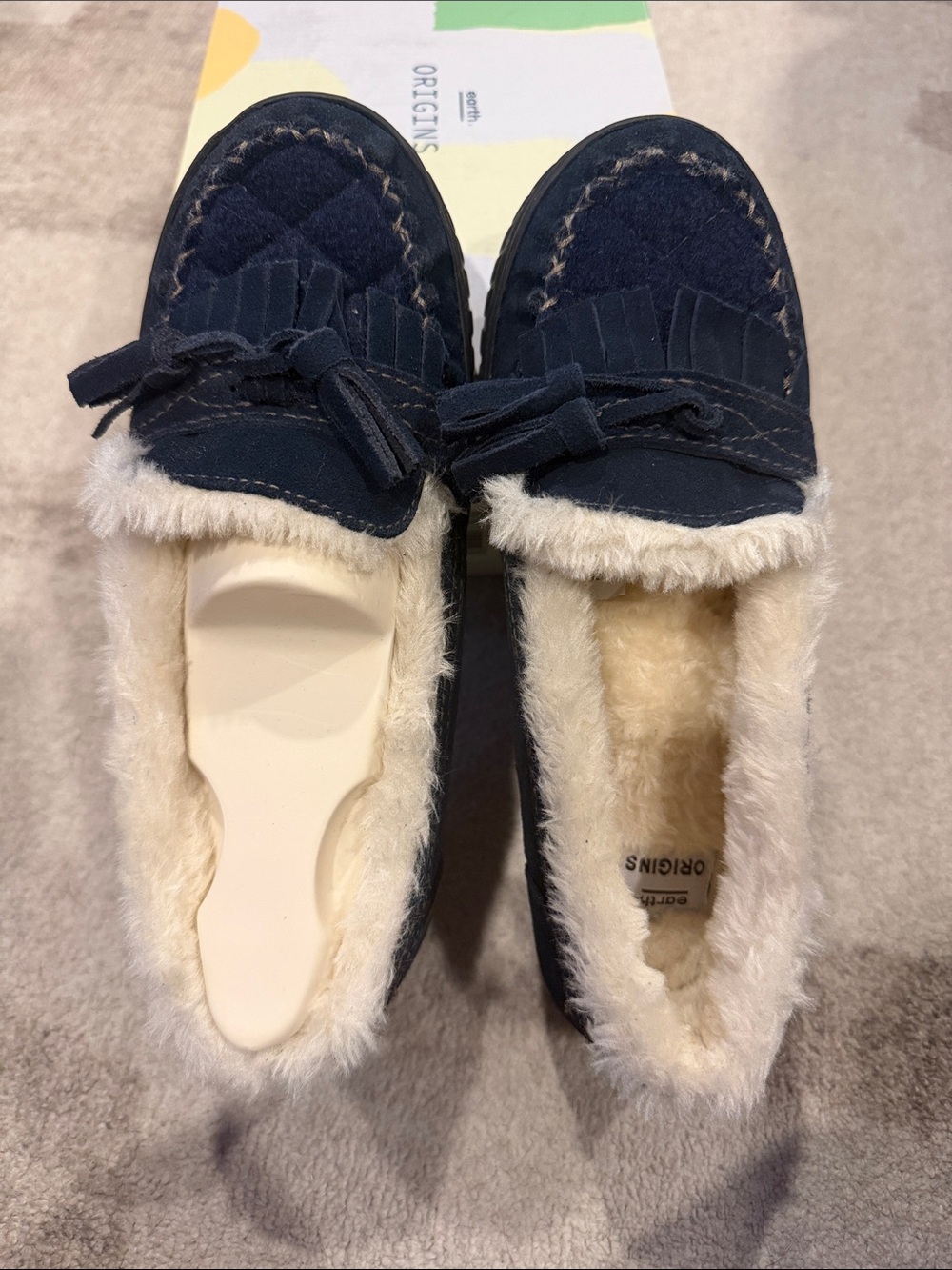 Origins Navy Faux-Fur Lined Moccasin Slippers with Bow